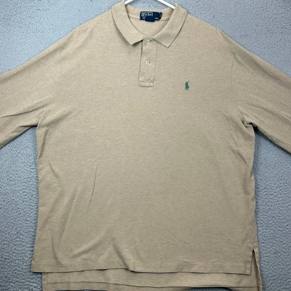 Polo Ralph Lauren Polo Shirt Mens XL Tan Beige Casual Rugby Long Sleeve Pony